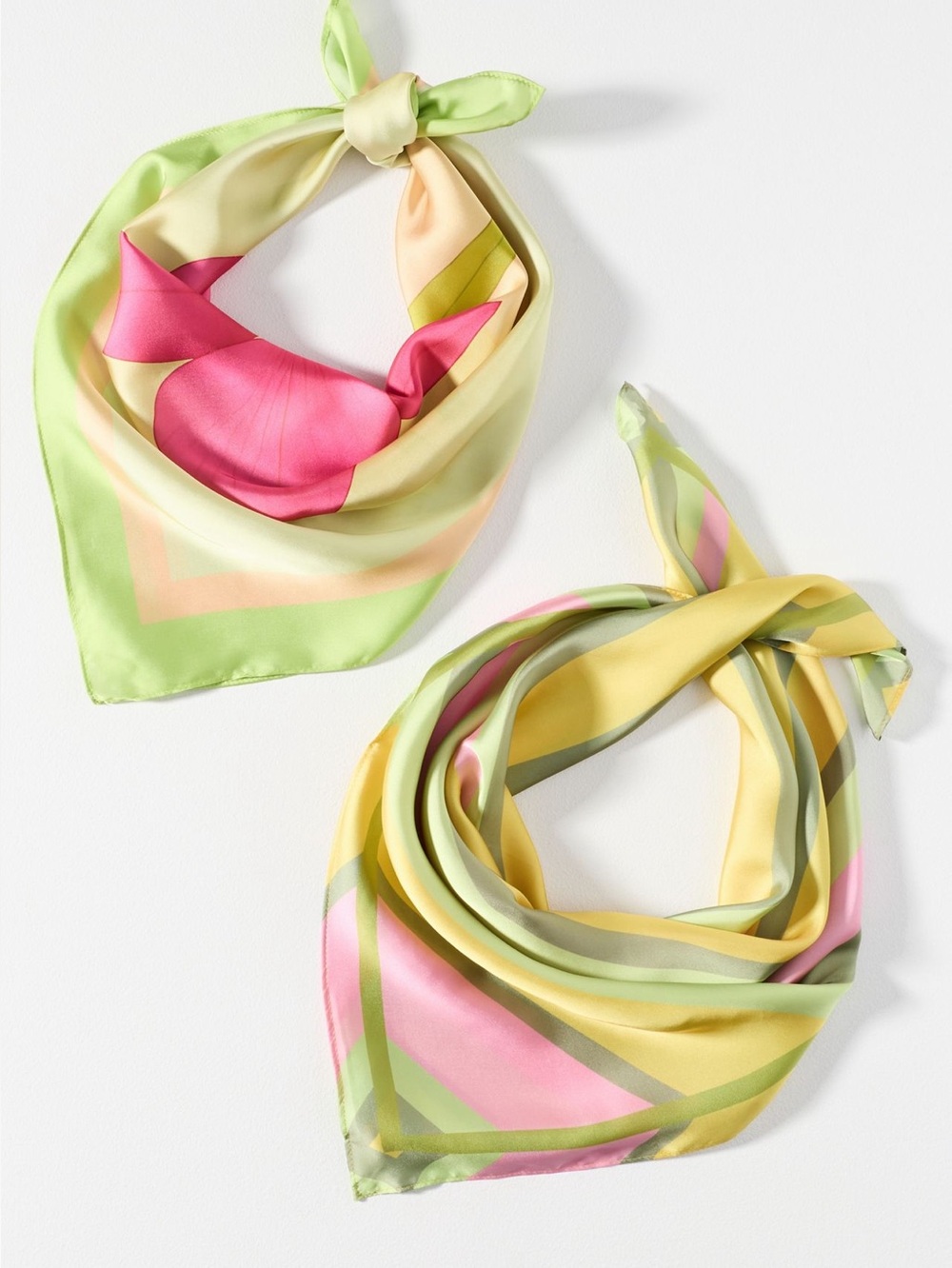 Anthropologie Silky Scarves Bag Head Hair Scarf New Set of 2 Green Pink Floral